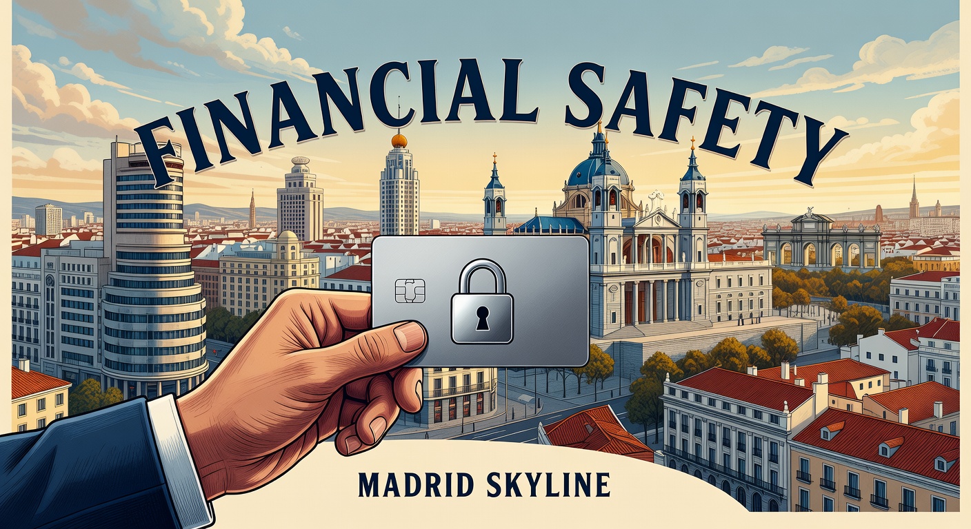 Mano con tarjeta de crédito y candado con skyline de Madrid al fondo
