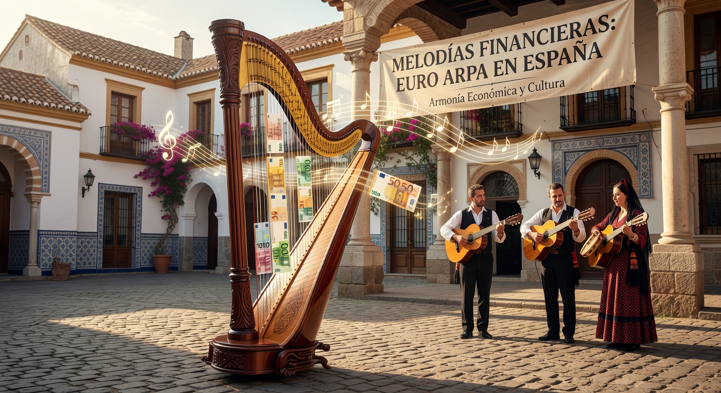 Cuerdas de arpa entrelazadas con billetes de euro