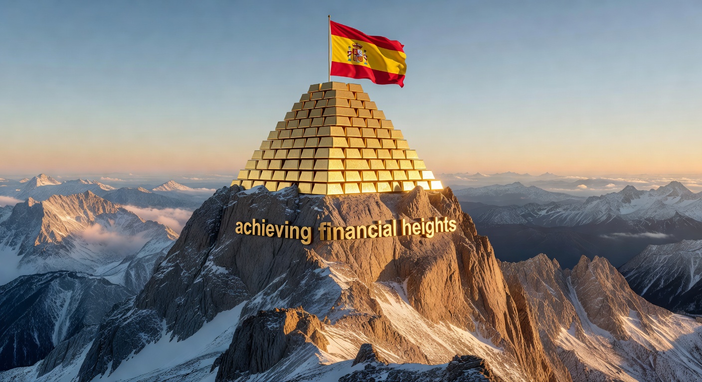 Pico de montaña con bandera española y lingotes de oro simbolizando el crecimiento del ahorro