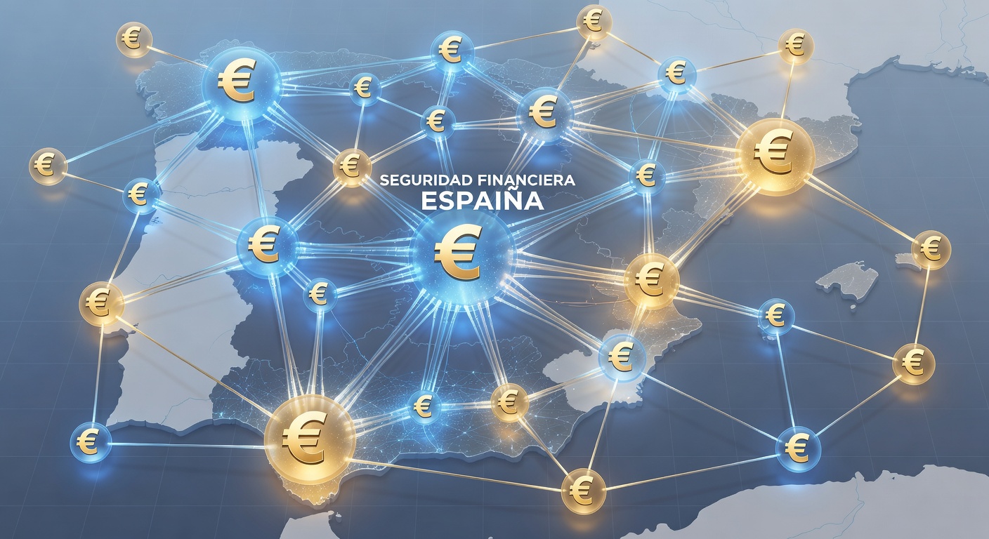 Red de nodos con símbolos euro y España representando el sistema financiero de protección
