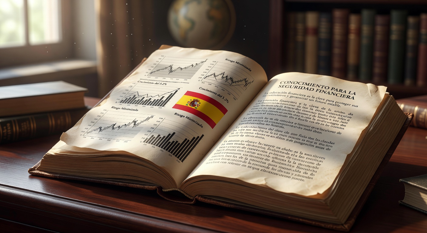 Libro abierto con gráficos financieros y bandera española representando el conocimiento asegurador