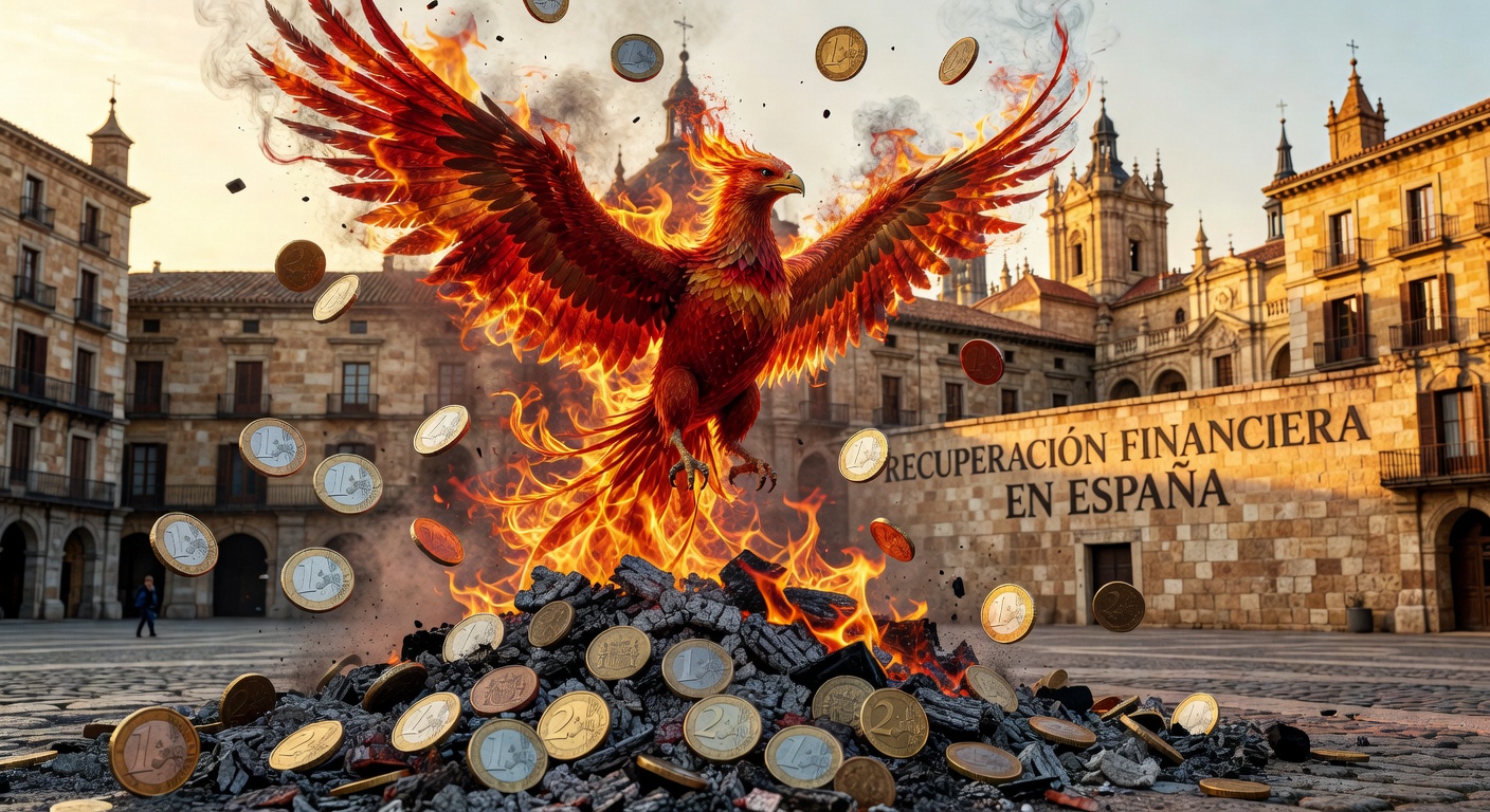 Fénix renaciendo de las cenizas con monedas euro y España simbolizando la recuperación financiera