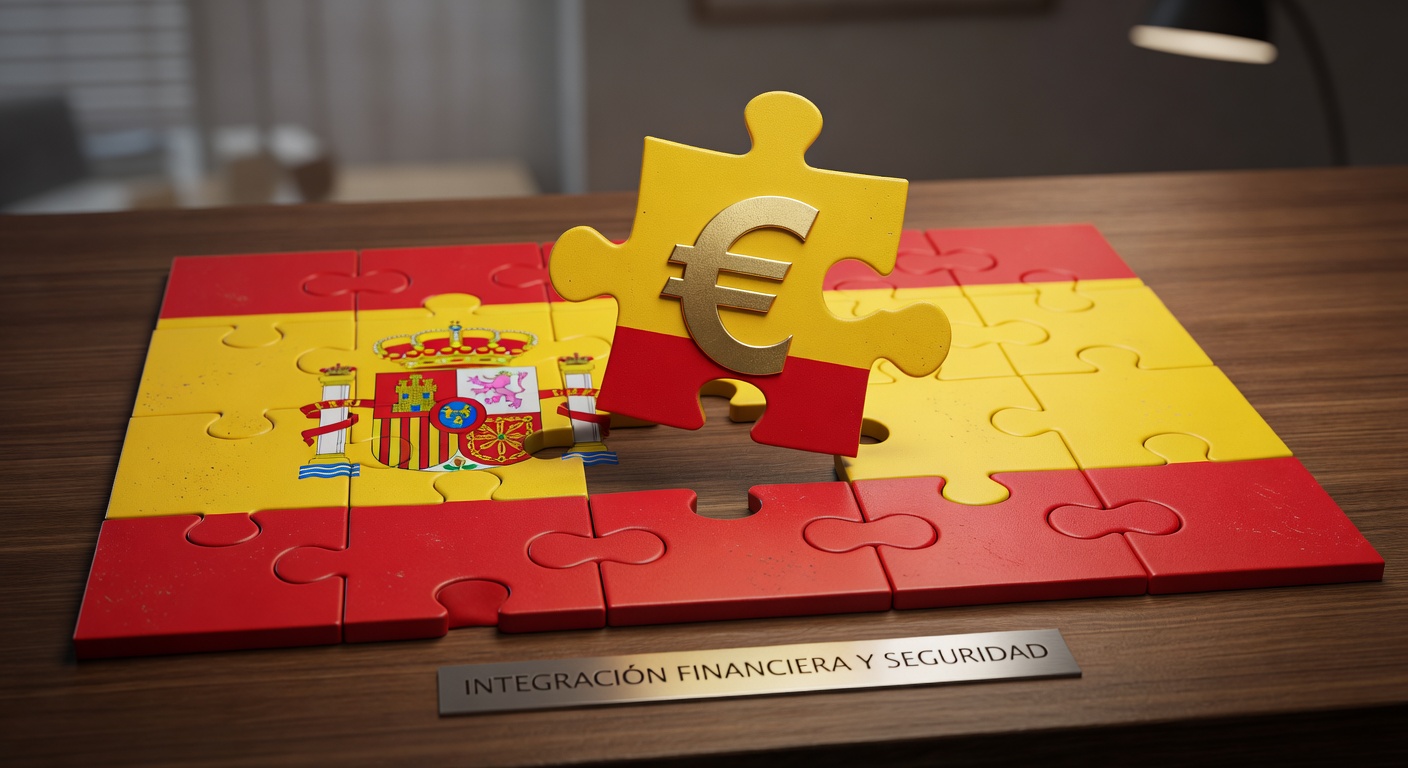 Puzle con piezas de euros y bandera española representando la integración de derechos financieros