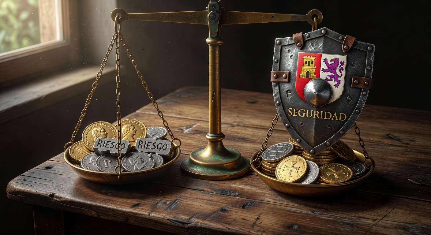 Balanza riesgo-beneficio con divisa española y escudo