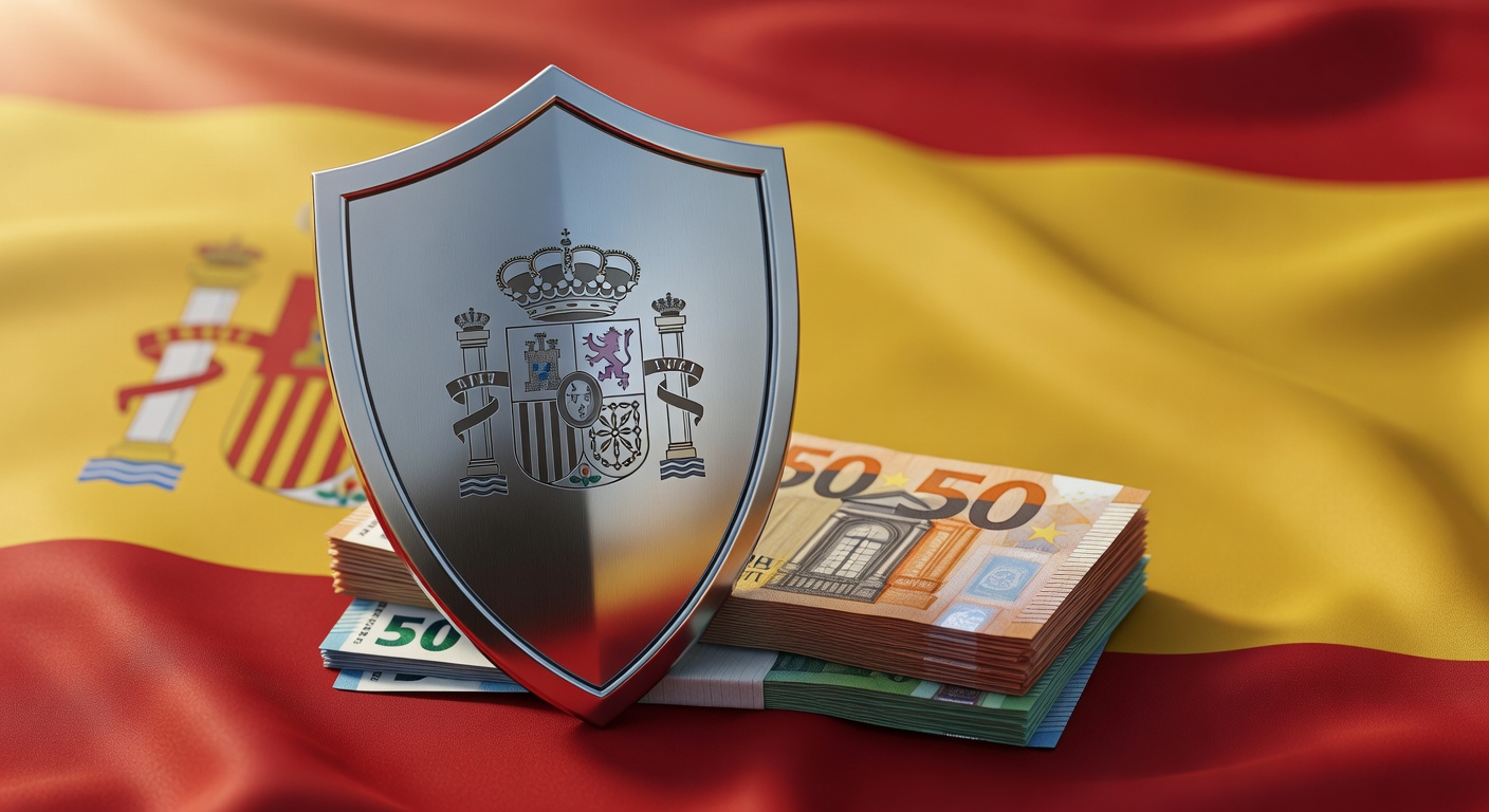 Escudo protegiendo billetes de euro con bandera española