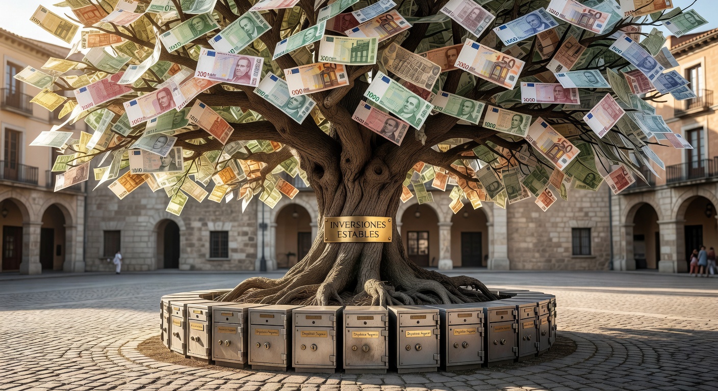 Árbol con raíces en caja de seguridad y hojas de euro