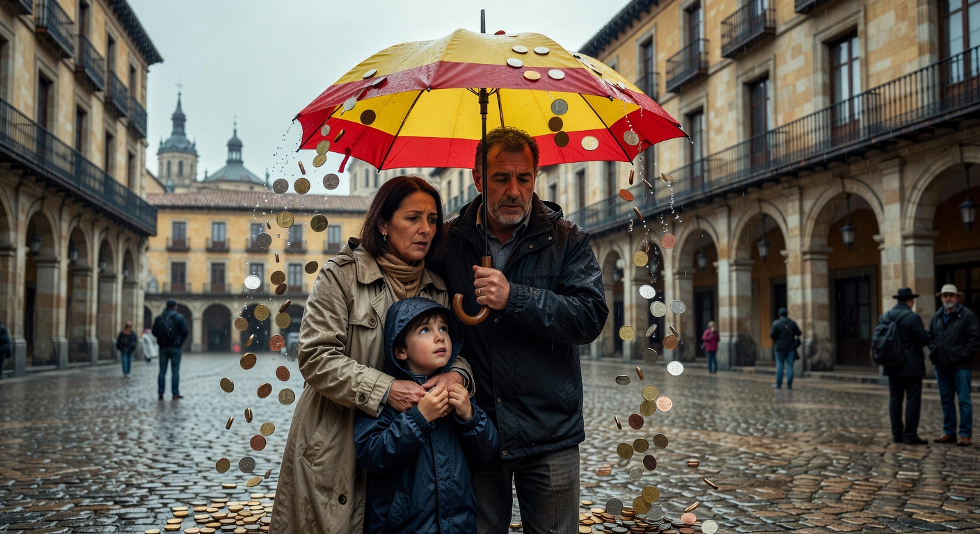 Paraguas protegiendo a familia con monedas en plaza española